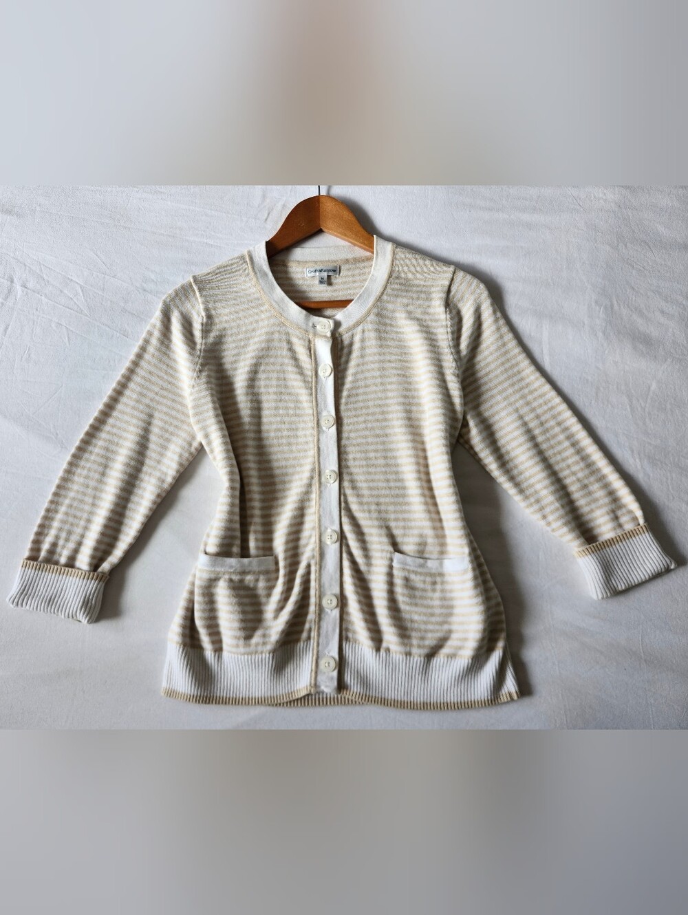 Striped Cotton Cardigan Cream And White With Pockets
